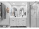 Modern bathroom with double vanity, marble shower, and stylish decor at 322 E Central Blvd # 710, Orlando, FL 32801