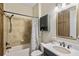 Bathroom with a shower/tub combo, a single vanity, and a linen cabinet at 32619 View Haven Ln, Sorrento, FL 32776