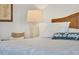 King bed with 'Take it easy' pillow and unique lamp at 4407 Sea Mist Ct # 267, New Smyrna Beach, FL 32169