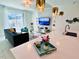 Modern kitchen with white countertops and a breakfast bar overlooking the living room at 962 Splash Shot Pl, Davenport, FL 33896