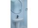 Modern powder room with pedestal sink and oval mirror at 1146 Atlantic Ave, Fruitland Park, FL 34731