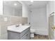 Clean bathroom with a shower/tub combo and gray vanity at 448 Nw 18Th Ave, Ocala, FL 34475