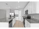 Modern kitchen with white cabinets, granite countertops, and stainless steel appliances at 531 Tortugas St, Haines City, FL 33844