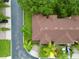 Overhead view of a townhouse with brown roof and surrounding landscaping at 744 La Mirage St, Davenport, FL 33897