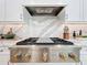 Stainless steel gas cooktop with gold accents and modern range hood at 10193 Brocksport Cir, Gotha, FL 34734