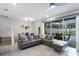 Living room with sectional sofa and view of backyard pool at 936 Paradise Dr, Davenport, FL 33897