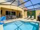 Enclosed pool and patio area with seating, a grill, and a basketball hoop at 4791 Terrasonesta Dr, Davenport, FL 33837