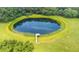 Aerial view of a serene circular pond with a wooden dock at 12151 Walker Pond Rd, Winter Garden, FL 34787