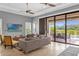 Bright living room with large sliding doors leading to a pool and patio area at 837 Desert Mountain Ct, Reunion, FL 34747