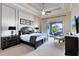 King-size bed, TV, and access to private balcony at 415 Muirfield Loop, Reunion, FL 34747