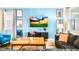 Living room features a blue accent wall, sectional sofa and a large TV at 2965 Protagonist St, Kissimmee, FL 34746