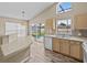 Kitchen with light wood cabinets, a double sink, and a view to the backyard at 2977 Kokomo Loop, Haines City, FL 33844