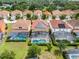 Aerial view of homes with solar panels and private pools at 5229 Oakbourne Ave, Davenport, FL 33837