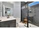 Bathroom with dark tile shower, single sink vanity, and modern fixtures at 10472 Petrillo Way, Winter Garden, FL 34787