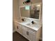 Double vanity bathroom with a large mirror and white cabinets at 1420 Lake Harney Rd, Geneva, FL 32732