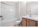 Clean bathroom featuring a shower/tub combo, vanity, and toilet at 17394 Se 74Th Seabrook Ct, The Villages, FL 32162