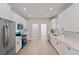 Modern kitchen with white cabinets, quartz countertops, and blue appliances at 18645 Seaview St, Orlando, FL 32833