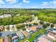 Aerial view of a neighborhood with houses, pools, and a pond at 188 Ridgemont Ct, Davenport, FL 33896
