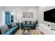 Modern living room with blue sectional sofa and glass coffee table at 2602 Sunrise Shores Dr, Kissimmee, FL 34747