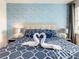 Guest bedroom with a king-size bed and blue and white bedding at 547 Marcello Blvd, Kissimmee, FL 34746