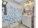 Clean bathroom with white vanity, patterned floor, and shower/tub combo at 424 Pelican Ave, Daytona Beach, FL 32118