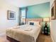 Bedroom with a queen bed and teal accent wall at 7703 Banyon Way, Kissimmee, FL 34747