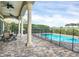 Covered patio with dining table and chairs overlooking a refreshing pool at 364 Muirfield Loop, Reunion, FL 34747