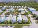 Aerial view of a house with a metal roof and pool in a residential neighborhood at 1407 Fairview Cir, Reunion, FL 34747