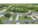 Aerial view of houses on a tree-lined street, one with solar panels at 319 St Cloud Rd, Poinciana, FL 34759