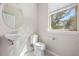 Clean and bright bathroom with pedestal sink and large window at 594 Piazza Pt, Oviedo, FL 32765