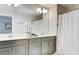 Bathroom with double vanity and gray cabinets at 690 Pebble Beach Dr, Davenport, FL 33896