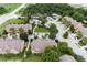 Aerial view of townhouses with pool and lush landscaping at 7582 Assembly Ln, Reunion, FL 34747