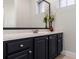 Modern bathroom with dark vanity, a large mirror, and decorative vase at 5094 Otters Den Trl, Sanford, FL 32771