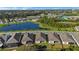 Aerial view of homes and a lake in a residential community at 2071 Limestone Trl, Kissimmee, FL 34747
