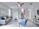 Spacious living room featuring gray sofa, blue armchairs, and a ceiling fan at 7041 Buttonbush Loop, Harmony, FL 34773