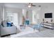 Bright living room with gray sofa and blue accent chairs at 7041 Buttonbush Loop, Harmony, FL 34773
