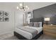 Bedroom with grey upholstered bed and geometric wallcovering at 3955 Lana Ave, Davenport, FL 33897