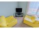 Sitting area with ocean view and yellow chairs at 5501 S Atlantic Ave # 307, New Smyrna Beach, FL 32169