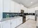 Modern kitchen with white cabinets, gray countertops, and stylish tile backsplash at 1490 Olympic Club Blvd, Champions Gate, FL 33896