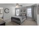 Bright bedroom with gray carpeting, double windows, and a gray upholstered bed at 4285 Quote St, Kissimmee, FL 34746