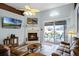 Living room with fireplace, pool view, and leather furniture at 6019 Live Oak Dr, Winter Haven, FL 33880