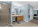 Elegant bathroom with double vanity, large mirror, and shower at 1161 Cathcart Cir, Sanford, FL 32771