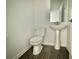 Clean bathroom with pedestal sink and wood-look floors at 1652 Cross Prairie Pkwy, Kissimmee, FL 34744
