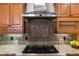 Gas cooktop and range hood with decorative tile backsplash at 1869 Merlot Dr, Sanford, FL 32771