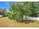 Landscaped backyard with a white fence and mature trees at 1725 Singing Palm Dr, Apopka, FL 32712