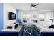 Living room featuring a white sectional sofa, blue accents, and a modern fireplace at 1540 Maidstone Ct, Davenport, FL 33896