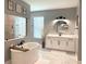 Spa-like bathroom with a soaking tub, marble floors, and modern fixtures at 5007 Tibet Ct, Saint Cloud, FL 34772