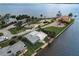 Aerial view showcasing a waterfront home and surrounding properties at 213 Sandy Cir, South Daytona, FL 32119