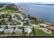 Aerial view of waterfront homes with a canal and a distant city skyline at 213 Sandy Cir, South Daytona, FL 32119