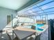 Private screened pool and patio with seating at 617 Jasmine Ln, Davenport, FL 33897